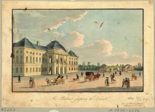 Das Japanische Palais in Dresden vom Palaisplatz nach Südwesten, mit den Torhäusern des ehem. Leipziger Tores (Weißes Tor)
