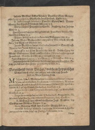 Verzeichnüß derer Bücher/ welche in Leipzigischer Michaelismeß 1651. ausgangen/ und nicht nach Franckfurt am Mayn kommen seind.