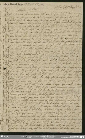 Eigenh. Brief von Charlotte Ernst an August Wilhelm von Schlegel, Pillnitz, 14.08.1810