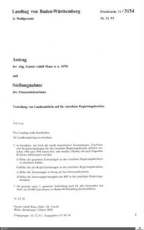 Antrag der SPD: Verteilung von Landesmitteln auf die Regierungsbezirke