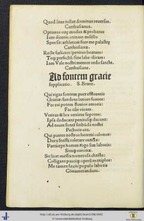 Ad fontem gratie supplicatio - Exhortatio ad lectorem de vita solitaria - Ad sanctum appolinarem - De vita humana bene instituenda - Ad sanctum Nicolaum - Ad Sacramentum Eucharistiae - De natali christianismo.