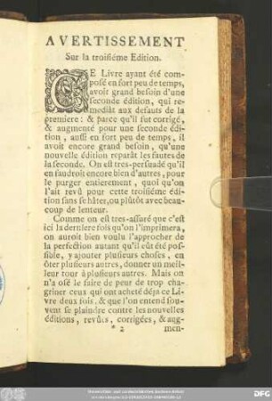 Avertissement Sur la troisiéme Edition.