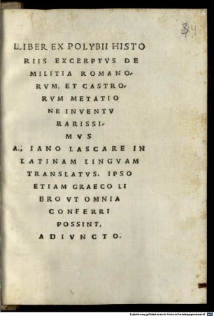Liber ex Polybii historiis excerptus de militia Romanorum et castrorum metatione inventu rarissimus