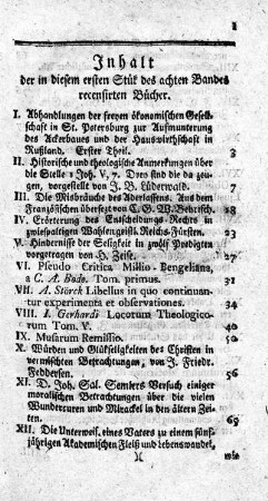 Inhalt der in diesem ersten Stük des achten Bandes recensirten Bücher.