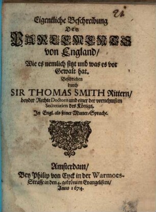 Eigentliche Beschreibung des Parlements von England
