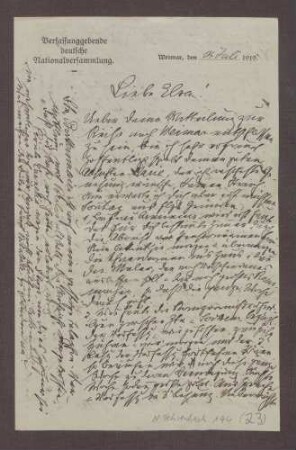 Schreiben von Constantin Fehrenbach, Weimar, an Elisabeth Rosset, Planung einer Reise von Elisabeth Rosset nach Weimar