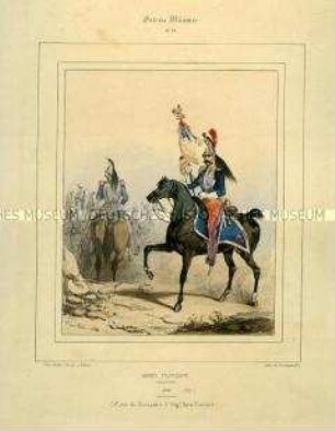 Uniformdarstellung, Offizier und Standartenträger des 5. Kürassier-Regiments zu Pferd, Königreich Frankreich, 1840. Tafel Nr. 42 aus: Galerie Militaire.