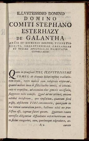 Illustrissimo Domino Domino Comiti Stephano Esterhazy De Galantha...Cultori Perpetuo David Wipachero Philos. et Med. D.