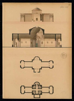 Erbbegräbnis Monatskonkurrenz Juni 1829: Grundriss Keller, Erdgeschoss, Aufriss Vorderansicht, Querschnitt mit Wanddekor; Maßstabsleiste