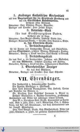 Ehrenbürger, Verzeichniß der Einwohner nach ihren Berufsgeschäften, Verzeichniß sämmtlicher Hauseigenthümer.