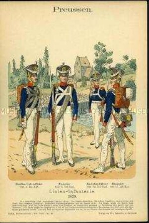 Uniformdarstellung, Füsilier-Unteroffizier, Musketiere und Musketier-Offizier der Linien-Infanterie, Königreich Preußen, 1820.