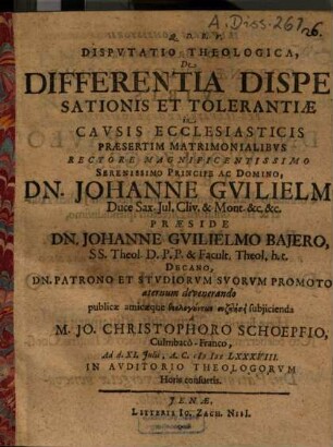 Disputatio theologica de differentia dispensationis et tolerantiae in causis ecclesiasticis, praesertim matrimonialibus