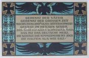 Postkarte des Nationalen Frauendienstes mit einem patriotischen Spruch über "Deutschlands gutes Ritterschwert"