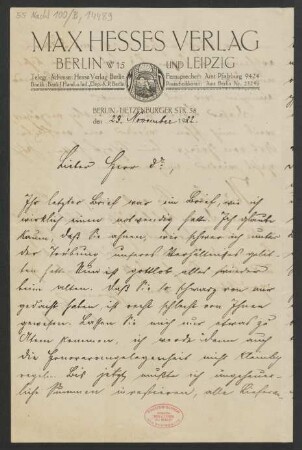 Brief an Alfred Einstein : 23.11.1922
