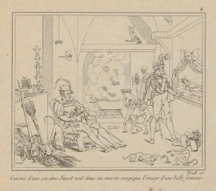 Cuisine d´une sorcière. Faust voit dans un miroir magique l´image d´une belle femme