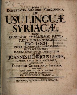 Diss. solemnis philologica de usu linguae Syriacae