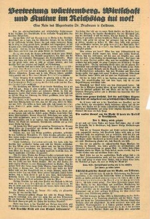 Flugblatt der Deutschen Demokratischen Partei zur Reichstagswahl "Vertretung württemberg. Wirtschaft und Kultur im Reichstag tut not! Eine Rede des Abg. Dr. Bruckmann in Heilbronn."