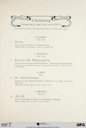 I. Auctionstag: Dienstag, den 22. April 1902, von 10 Uhr ab (Nr. 1-140)