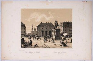 Dresden, der Neustädter Markt nach Süden mit dem Reiterstandbild August des Starken (Goldener Reiter) und der Neustädter Wache (Blockhaus), im Hintergrund die Augustusbrücke und die Altstadt