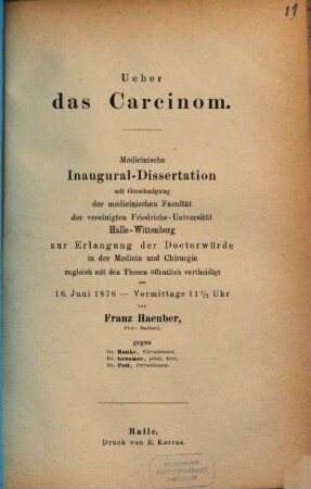 Ueber das Carcinom : Inaug. - Diss.