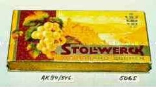 Pappschachtel für "STOLLWERCK WEINBRAND-BOHNEN" (Abbildung einer Weintraube vor Landschaft mit Burg)