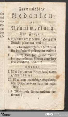 Freymüthige Gedanken zur Beantwortung der Fragen...