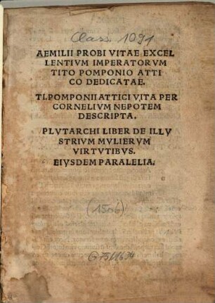 Aemilii Probi Vitae excellentium imperatorum : Tito Pomponio Attico dedicatae