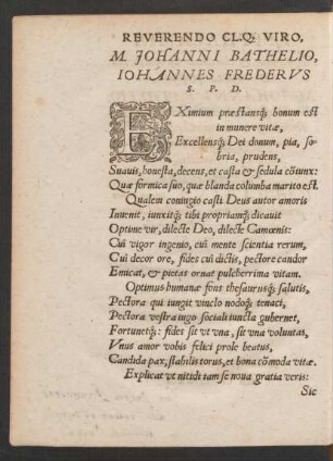 Reverendo Clarissimo Viro, M. Johanni Bathelio, Iohannes Frederus S. P. D.