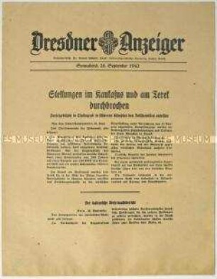 Nachrichtenblatt "Dresdner Anzeiger" mit Meldungen des Oberkommandos der Wehrmacht und des italienischen Oberkommandos u.a. zum Kriegsgeschehen im Kaukasus