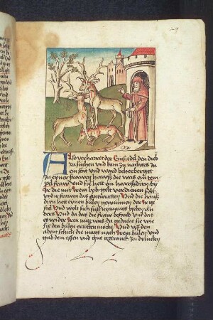 Der Einsiedler und die kämpfenden Hirsche mit dem totgetretenen Fuchs; (Kapitel II: Von dem Löwen und dem Ochsen)