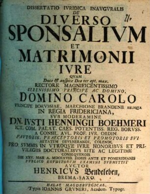 Dissertatio Ivridica Inavgvralis De Diverso Sponsalivm Et Matrimonii Ivre