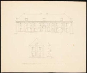 Zweigeschossiges Schloss mit hohem Walmdach: Vorder- und Seitenansicht