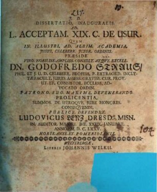 Diss. inaug. ad L. acceptam. XIX.C. de usuris
