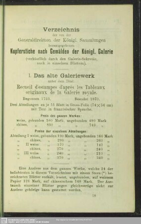 Verzeichnis der von der Generaldirektion der Königl. Sammlungen herausgegebenen Kupferstiche nach Gemälden der Königl. Galerie : (verkäuflich durch den Galerie-Sekretär, auch in einzelnen Blättern)