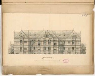 Kreiskrankenhaus, Insterburg Monatskonkurrenz November 1885: Aufriss Rückansicht (Gartenansicht); Maßstabsleiste