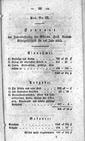 Anl. No. III. Extract der Jahresrechnung der Schlesw. Holst. Landes=Bibelgesellschaft für das Jahr 1823.