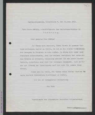 Brief von Helene Lange an Hanne Höltje, Helferinnenverein Harzburg