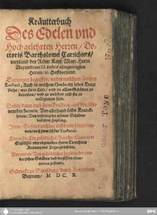 Kräutterbuch Des edelen und hochgelehrten Herren Doctoris Bartholomei Carrichters