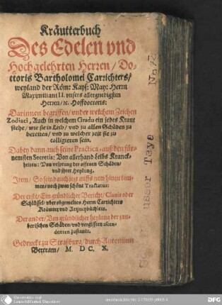 Kräutterbuch Des edelen und hochgelehrten Herren Doctoris Bartholomei Carrichters