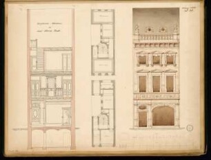 Eingebautes Wohnhaus Monatskonkurrenz März 1882: Grundriss Erdgeschoss, 1. Obergeschoss 1:100, Aufriss Straßenansicht, Querschnitt 1:50; 2 Maßstabsleisten
