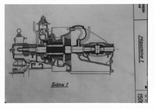 Industrie-Kraftwerk. Reproduktion: Technische Zeichnung (Maßstab unbekannt) Schnitt durch die Turbine (Maschine 1) : Lauta (Niederlausitz). Industrie-Kraftwerk. Reproduktion: Technische Zeichnung (Maßstab unbekannt) Schnitt durch die Turbine (Maschine 1)