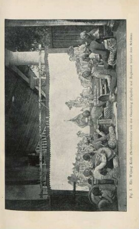 Fig. 7. Ein Wâjang Kulit (Schattenbilder) mit der Gamelang (Capelle) und Regisseur hinter dem Schirme