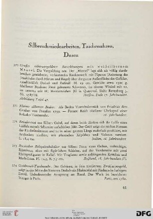Silberschmiedearbeiten, Taschenuhren, Dosen (Nr. 370-382)