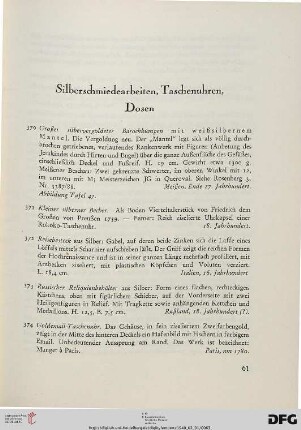 Silberschmiedearbeiten, Taschenuhren, Dosen (Nr. 370-382)