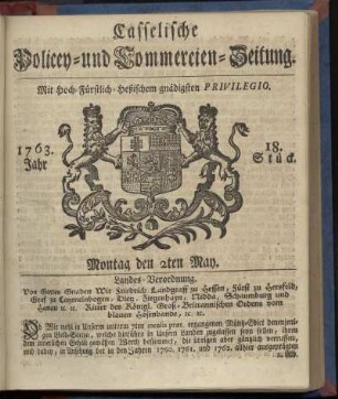 18. Stueck, Montag den 2ten May 1763