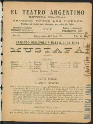 1921004000: Mustafá : [sainete en un acto y tres cuadros]