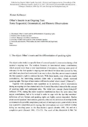 Other's Inserts in an Ongoing Turn. Some Sequential, Grammatical, and Rhetoric Observations
