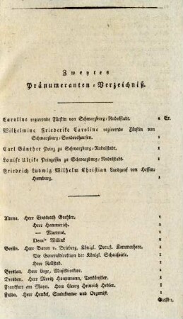 Zweytes Pränumeranten-Verzeichniß