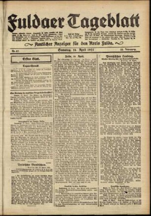 Erste Ausgabe vom Samstag, den 16. April 1921.