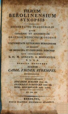Filicum Berolinensium synopsis : dissertatio inauguralis